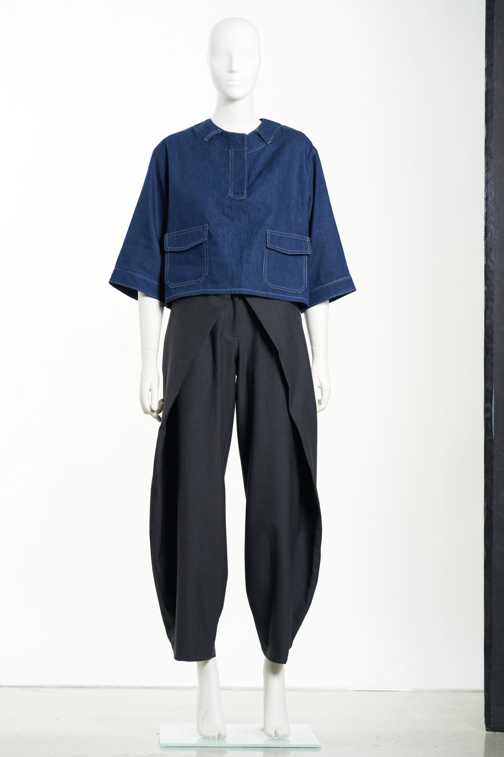 Denim Top with Jeans Neck, Patch Pockets, and Mid-Length Sleeves