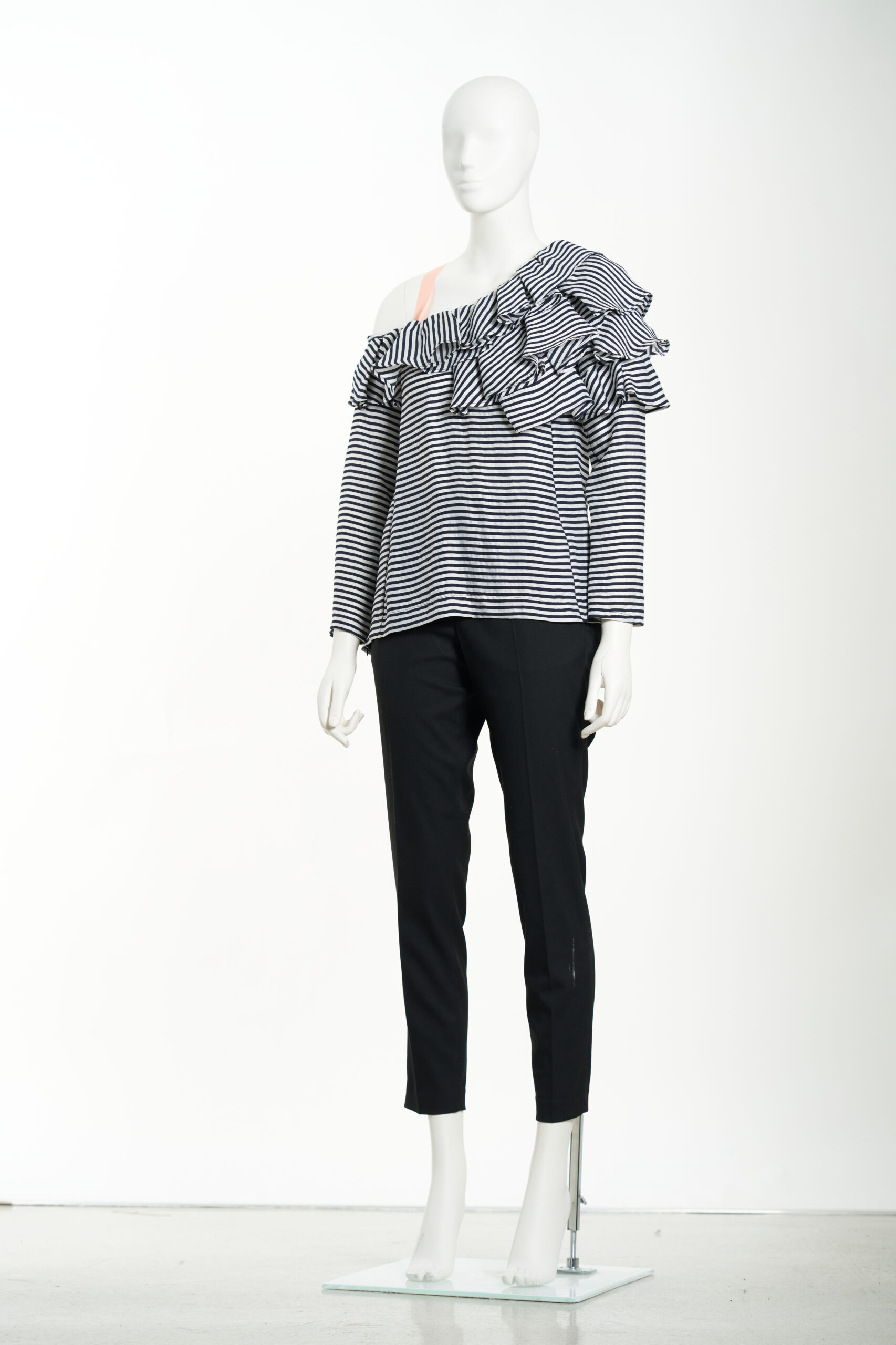 Black stripe drop-shoulder top with ruffle and a contrast strap
